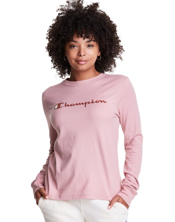 Champion Classic Long-Sleeve Script Logo Kadın Tişört Bej Rengi ( JDNBKI936 )